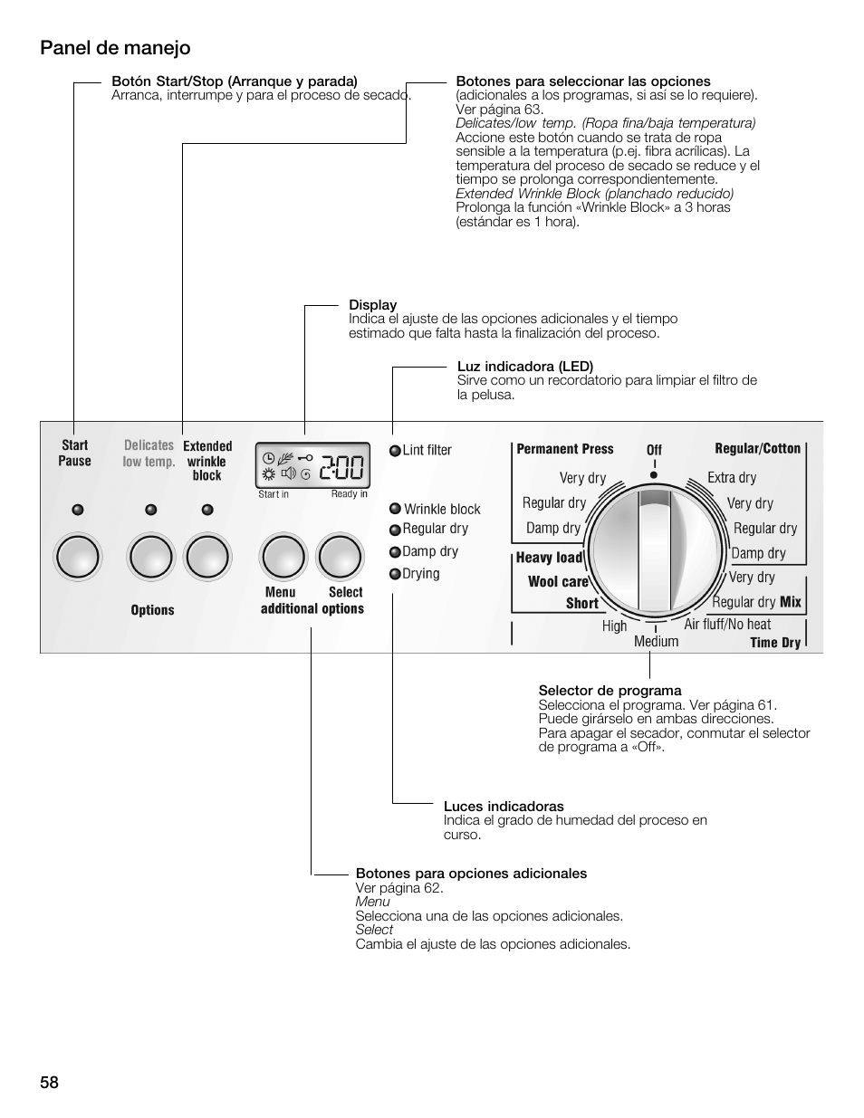 Panel de manejo | Bosch WTMC6321US User Manual | Page 58 / 72
