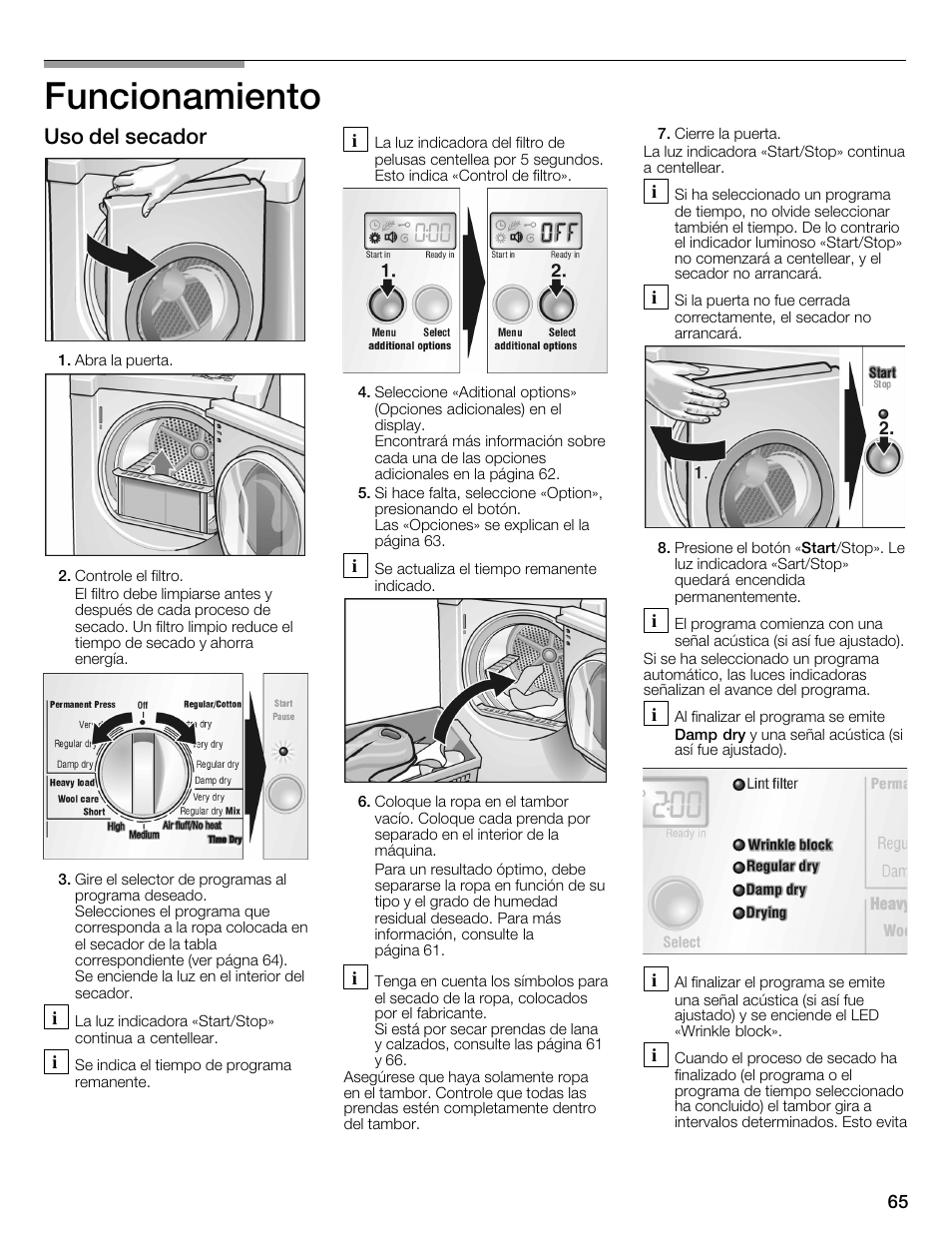 Funcionamiento, Uso del secador | Bosch WTMC6321US User Manual | Page 65 / 72