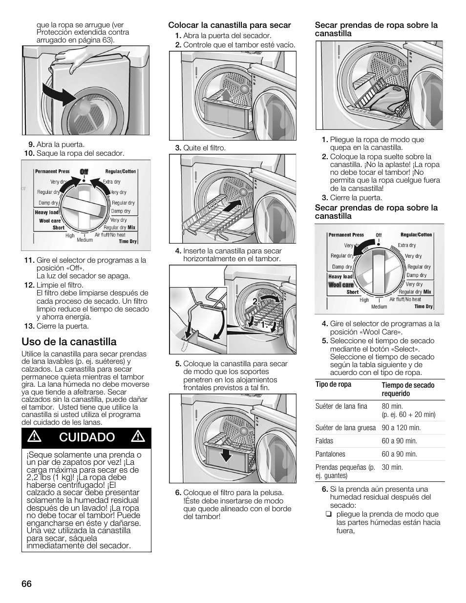 Cuidado, Uso de la canastilla | Bosch WTMC6321US User Manual | Page 66 / 72