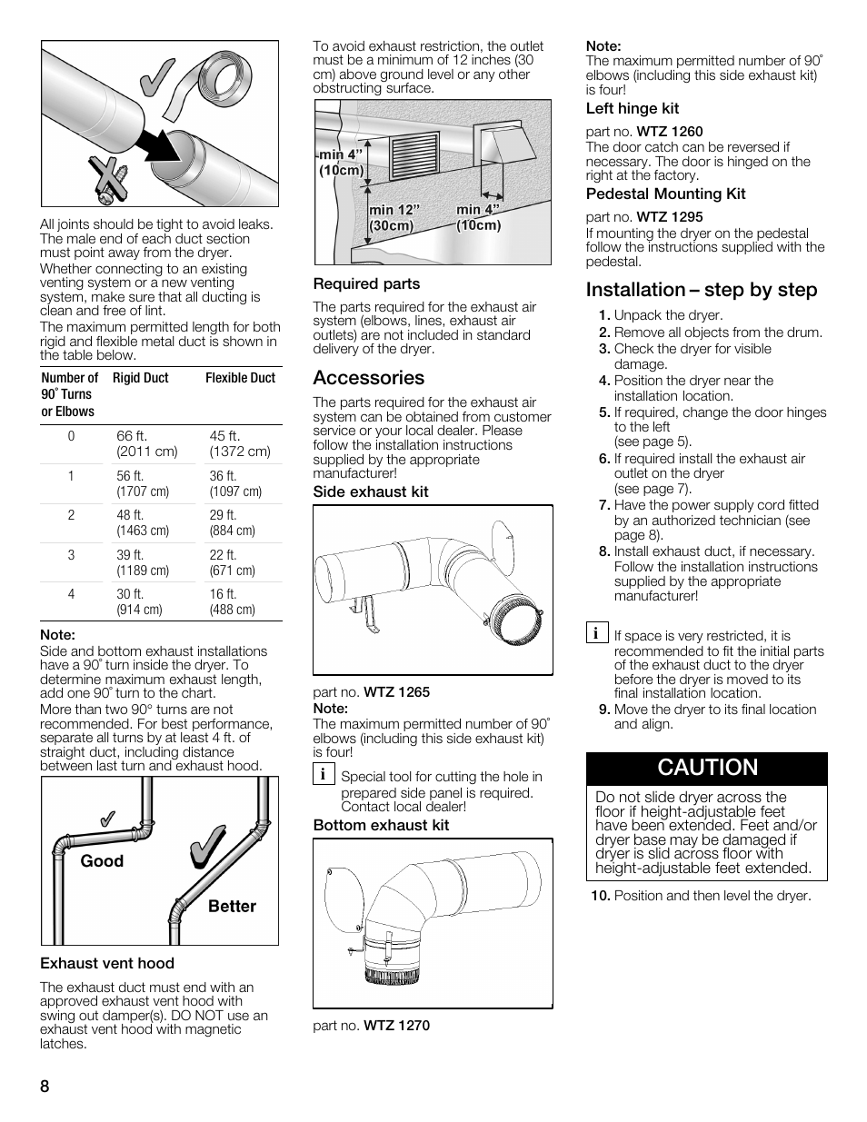 Caution, Accessories, Installation ć step by step | Bosch WTMC6321US User Manual | Page 8 / 72