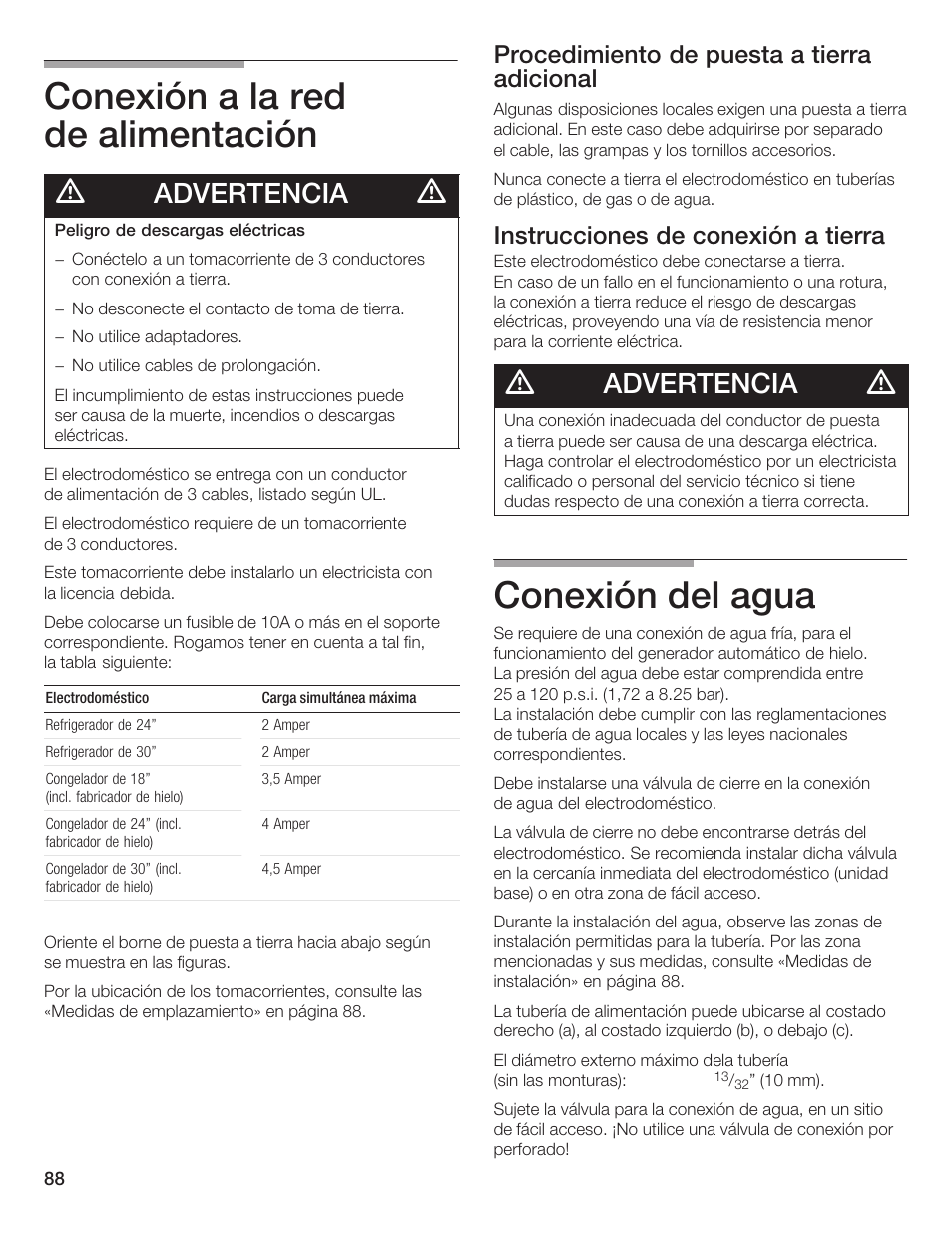 Conexión a la red de alimentación, Conexión del agua, Advertencia | Procedimiento de puesta a tierra adicional, Instrucciones de conexión a tierra | Bosch 24iw50nsp User Manual | Page 88 / 124