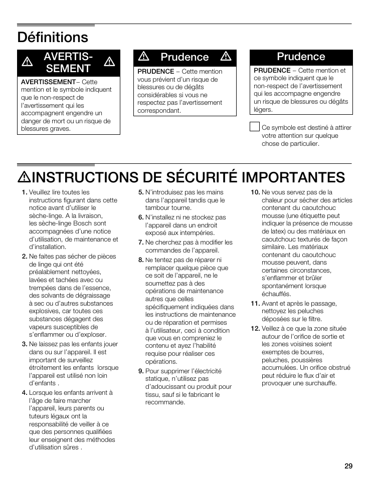 Définitions, Dinstructions de sécurité importantes, Avertisć sement | Prudence | Bosch WTMC 3500UC User Manual | Page 29 / 84