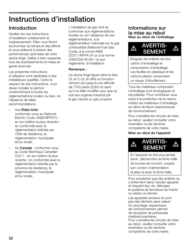 Instructions d'installation, Avertisć sement, Introduction | Informations sur la mise au rebut | Bosch WTMC 3500UC User Manual | Page 32 / 84