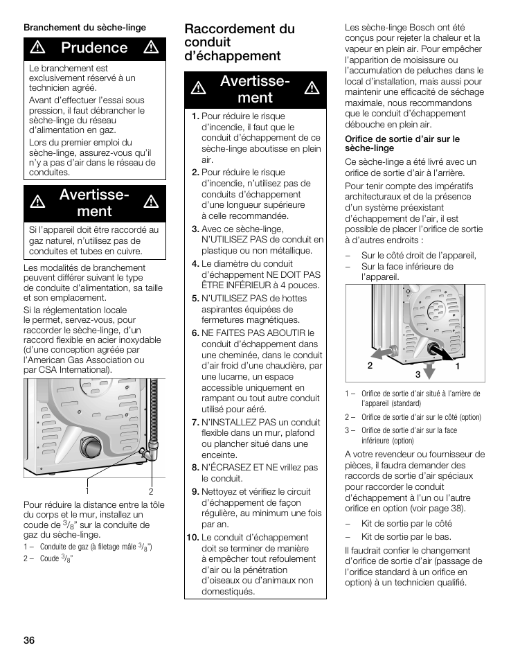 Prudence, Avertisseć ment, Raccordement du conduit d'échappement | Bosch WTMC 3500UC User Manual | Page 36 / 84
