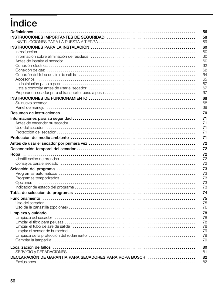 Índice | Bosch WTMC 3500UC User Manual | Page 56 / 84
