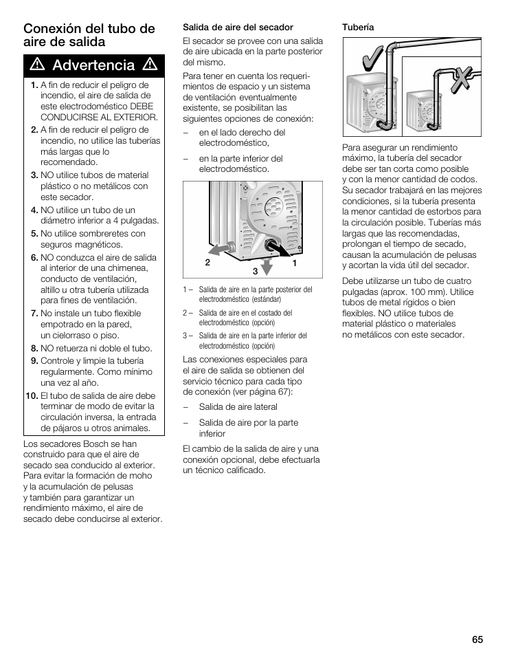 Advertencia, Conexión del tubo de aire de salida | Bosch WTMC 3500UC User Manual | Page 65 / 84