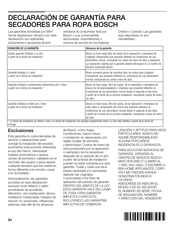 Exclusiones | Bosch WTMC 3500UC User Manual | Page 84 / 84