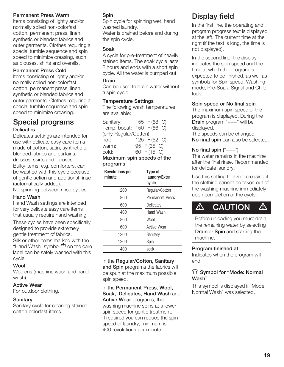 Caution, Special programs, Display field | Bosch Lavadora Next Premium User Manual | Page 19 / 124