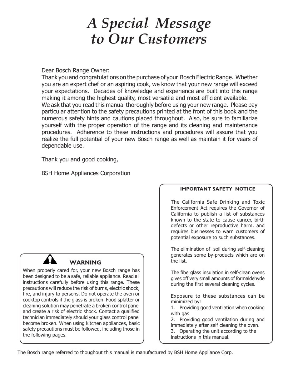 A special message to our customers | Bosch HES255U User Manual | Page 2 / 36