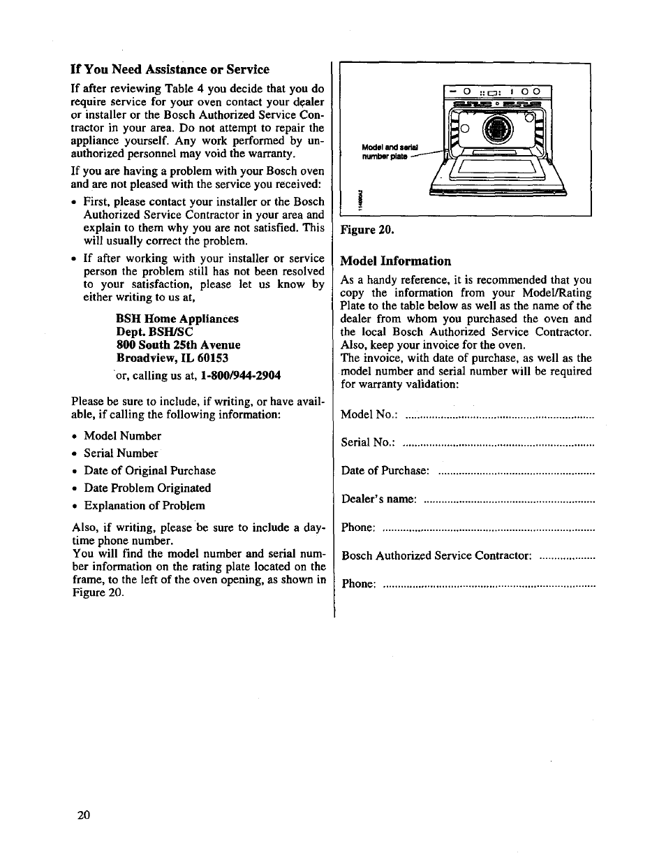 If you need assistance or service, Model information | Bosch HBL 65.. User Manual | Page 22 / 23