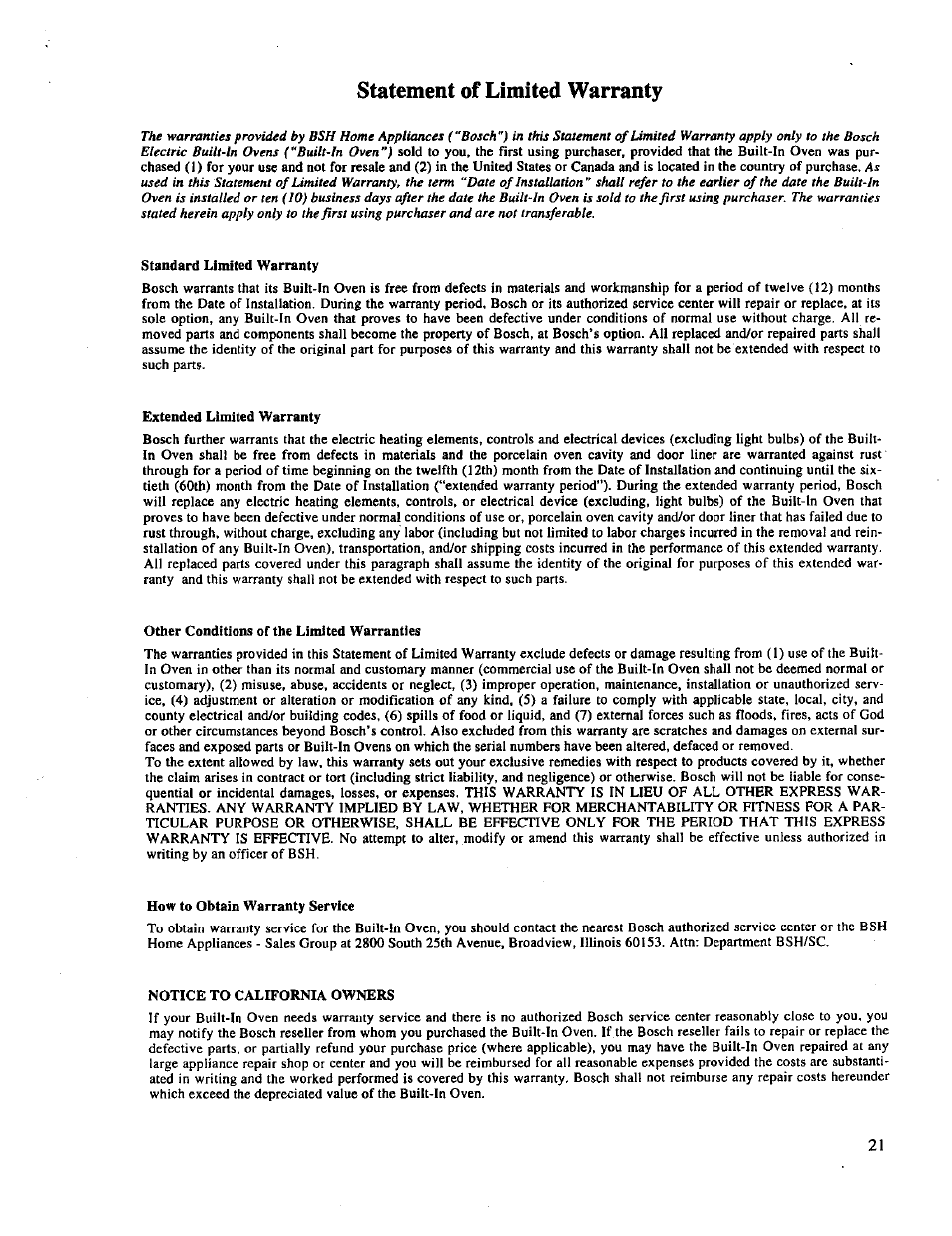 Statement of limited warranty | Bosch HBL 65.. User Manual | Page 23 / 23