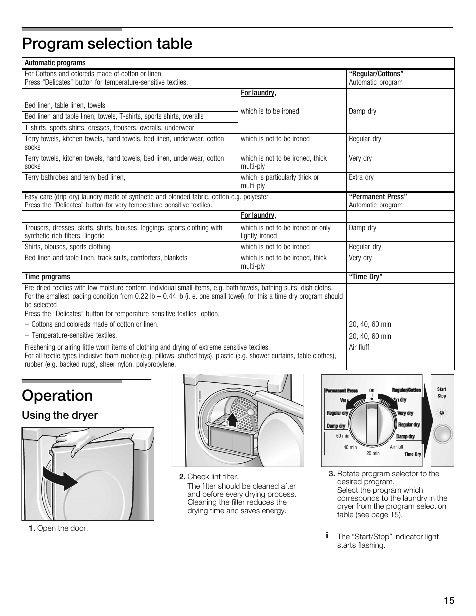 Program selection table, Operation, Using the dryer | Bosch WTMC1301CN User Manual | Page 15 / 64