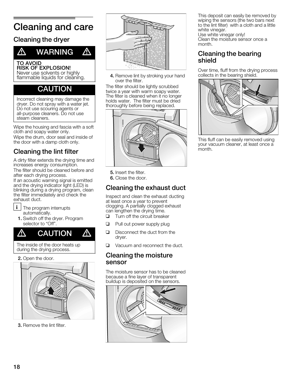 Cleaning and care, Warning, Caution | Cleaning the dryer, Cleaning the lint filter, Cleaning the exhaust duct, Cleaning the moisture sensor, Cleaning the bearing shield | Bosch WTMC1301CN User Manual | Page 18 / 64