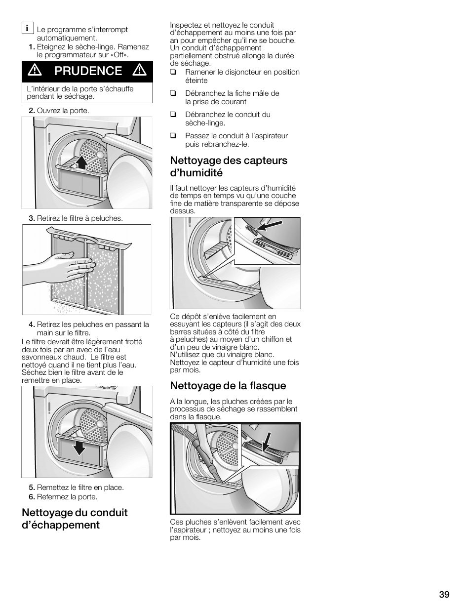 Prudence, Nettoyage du conduit d'échappement, Nettoyage des capteurs d'humidité | Nettoyage de la flasque | Bosch WTMC1301CN User Manual | Page 39 / 64