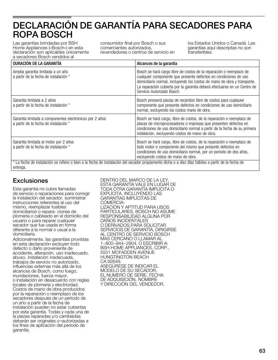 Exclusiones | Bosch WTMC1301CN User Manual | Page 63 / 64