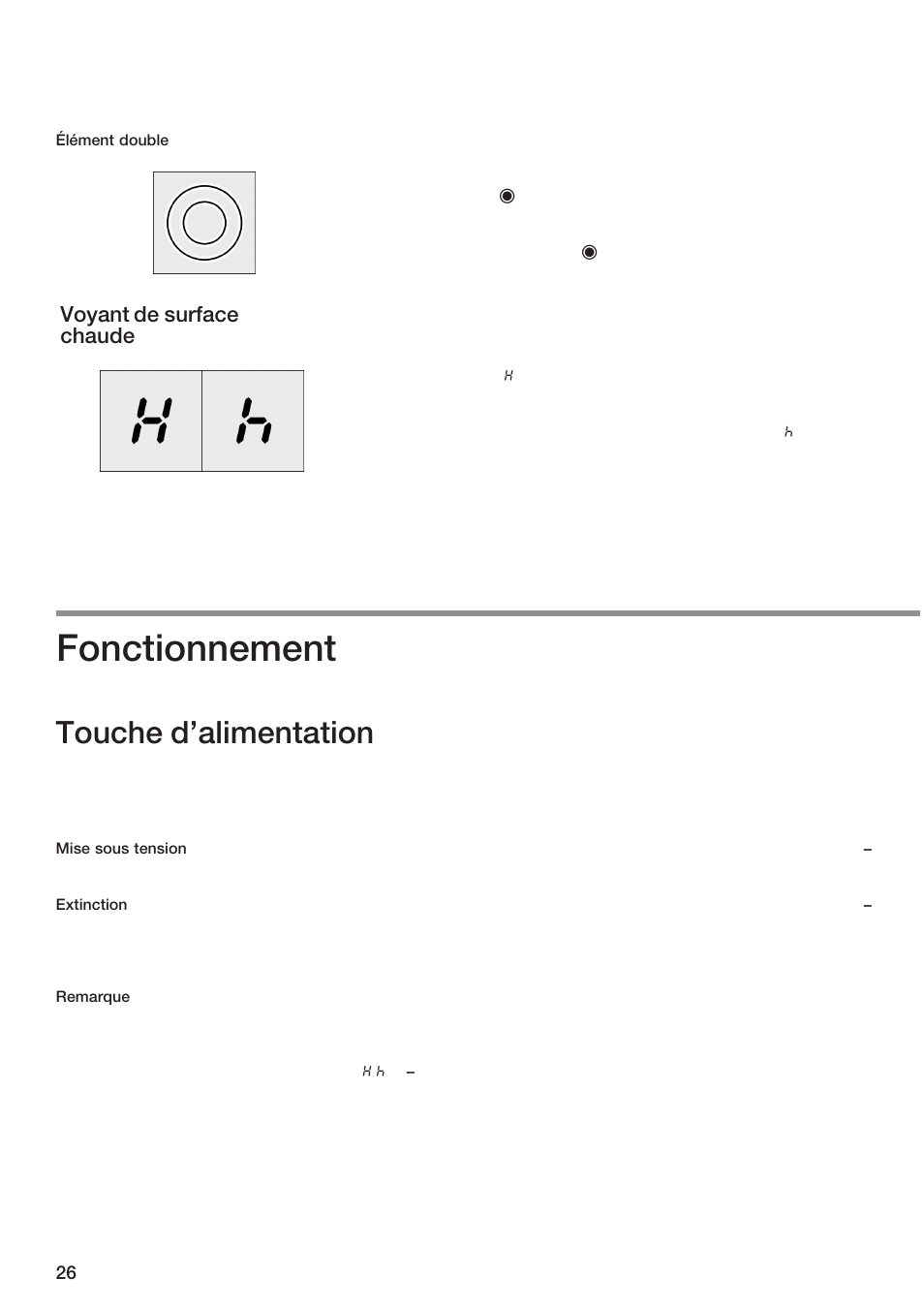 Fonctionnement, Touche d'alimentation, Voyant de surface chaude | Bosch ET 74 User Manual | Page 26 / 56