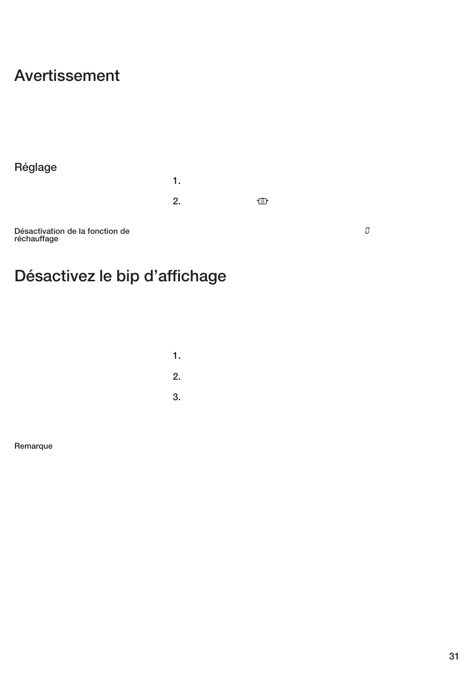 Avertissement, Désactivez le bip d'affichage, Réglage | Bosch ET 74 User Manual | Page 31 / 56