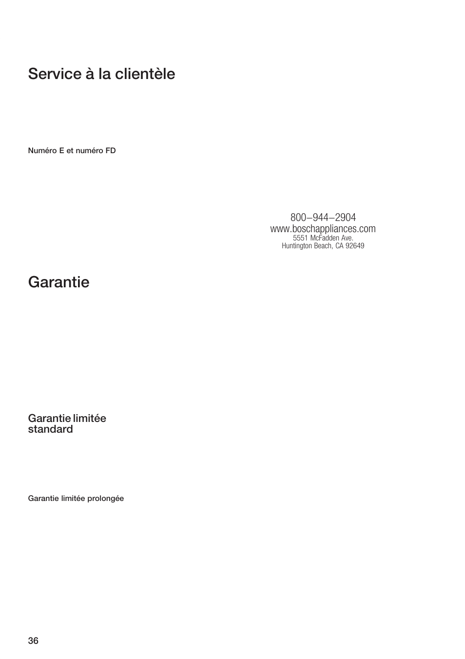 Service à la clientèle, Garantie, Garantie limitée standard | Bosch ET 74 User Manual | Page 36 / 56