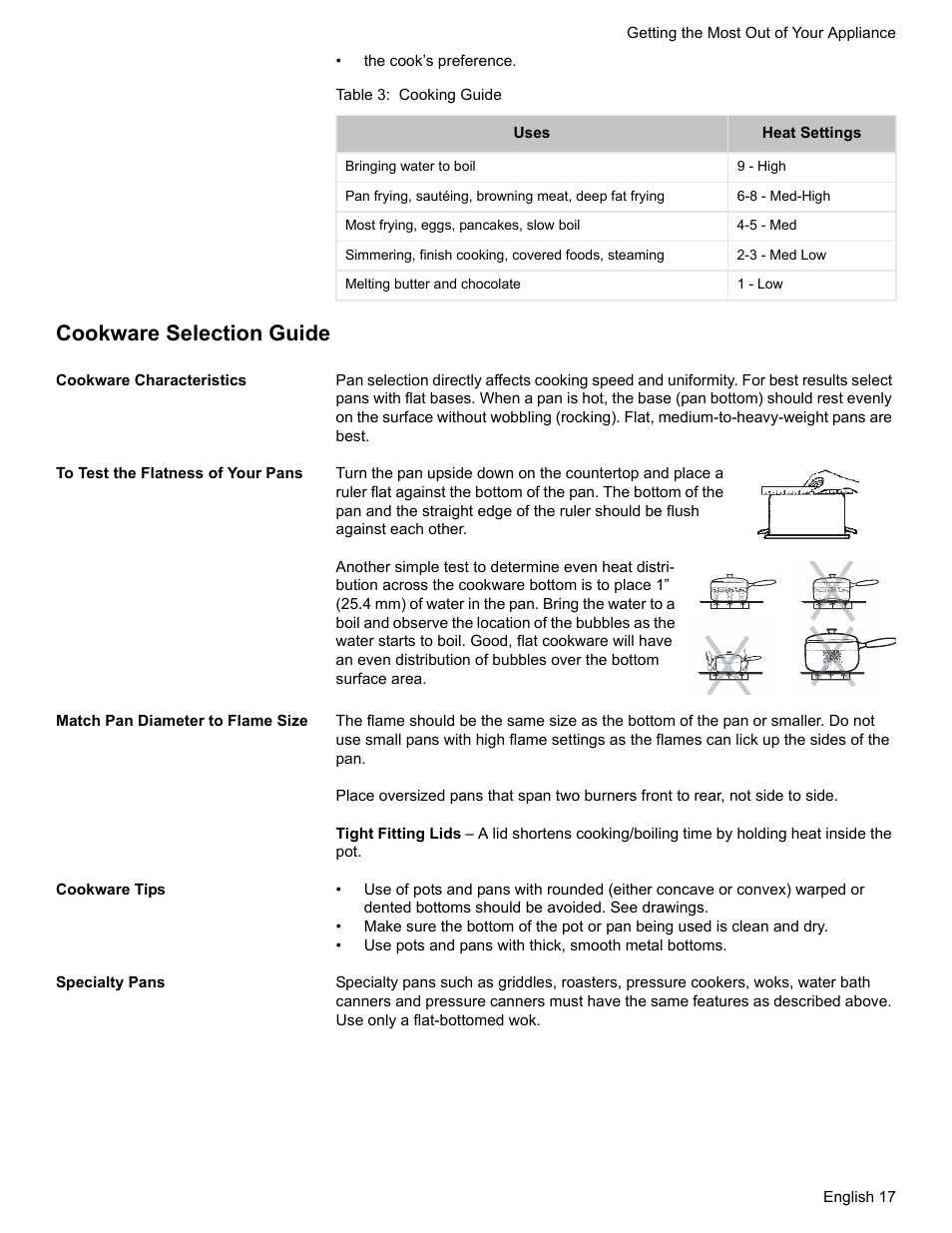 Table 3: cooking guide, Cookware selection guide, Cookware characteristics | To test the flatness of your pans, Match pan diameter to flame size, Cookware tips, Specialty pans | Bosch BOSCH GAS RANGE User Manual | Page 19 / 112