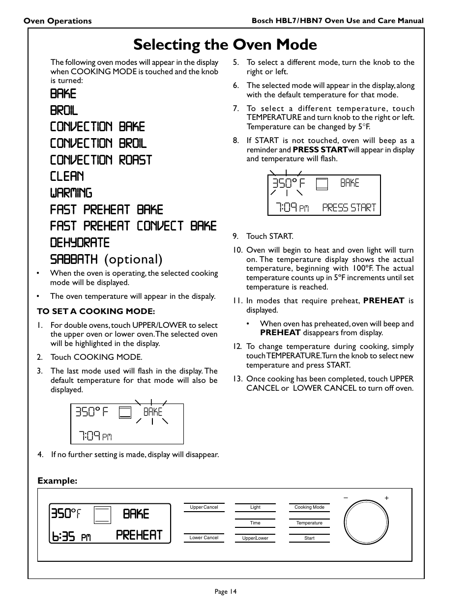 Selecting the oven mode, Bake, 350º f | Bosch HBL 74 User Manual | Page 16 / 44