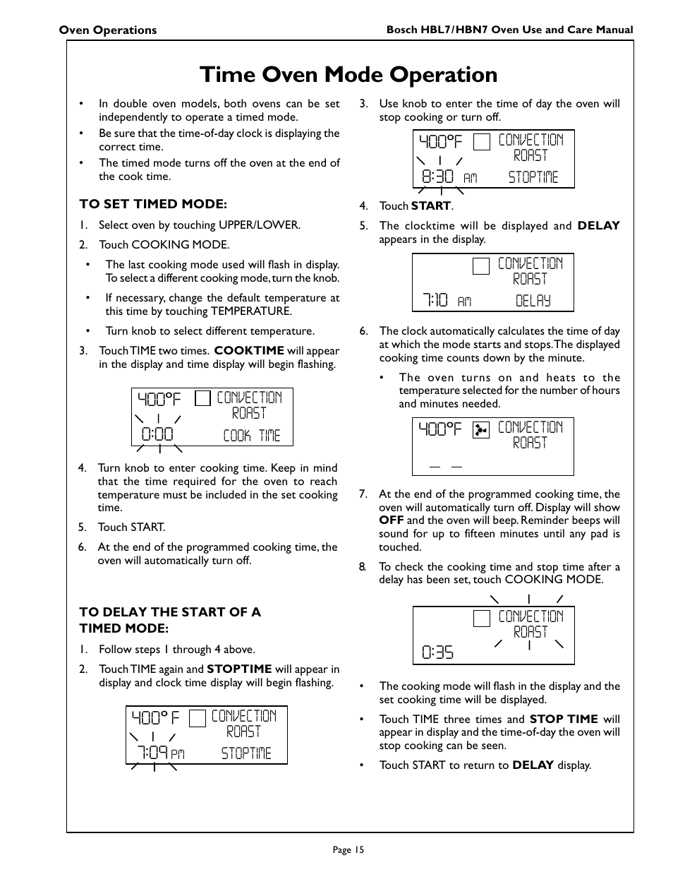Time oven mode operation, 400ºf, Stoptime convection roast | Cook time convection roast, Delay convection roast, Convection roast | Bosch HBL 74 User Manual | Page 17 / 44