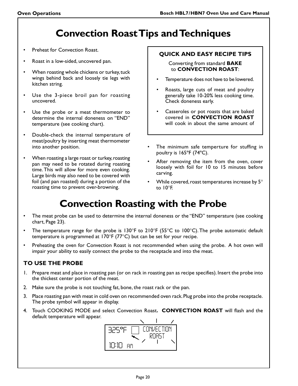 Convection roast tips and techniques, Convection roasting with the probe, 325ºf | Convection roast | Bosch HBL 74 User Manual | Page 22 / 44