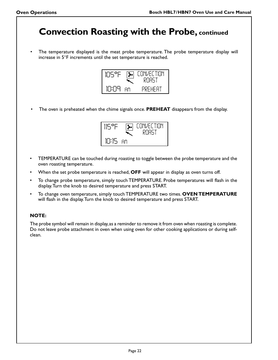 Convection roasting with the probe, 115ºf, 105ºf | Convection roast, Preheat convection roast | Bosch HBL 74 User Manual | Page 24 / 44