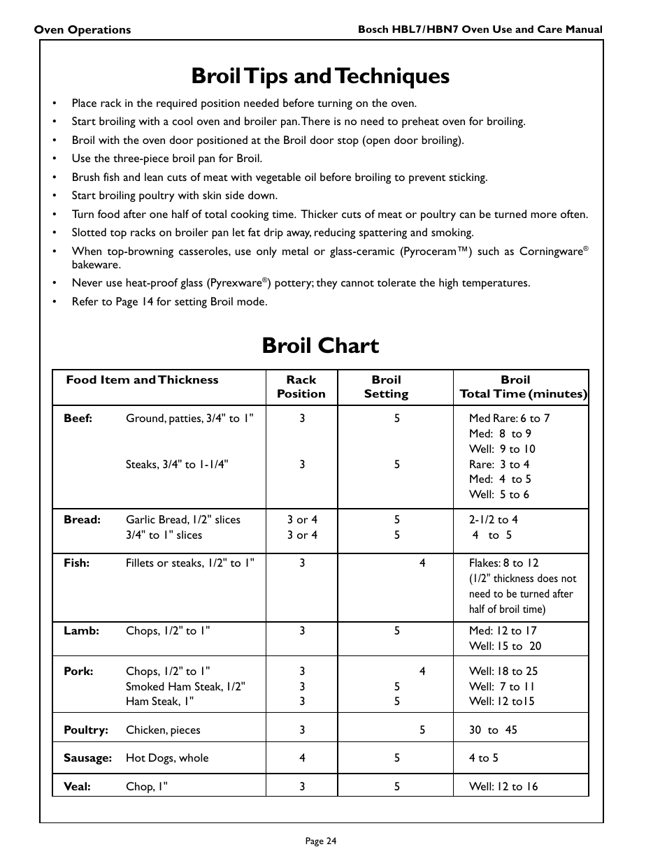 Broil tips and techniques, Broil chart | Bosch HBL 74 User Manual | Page 26 / 44