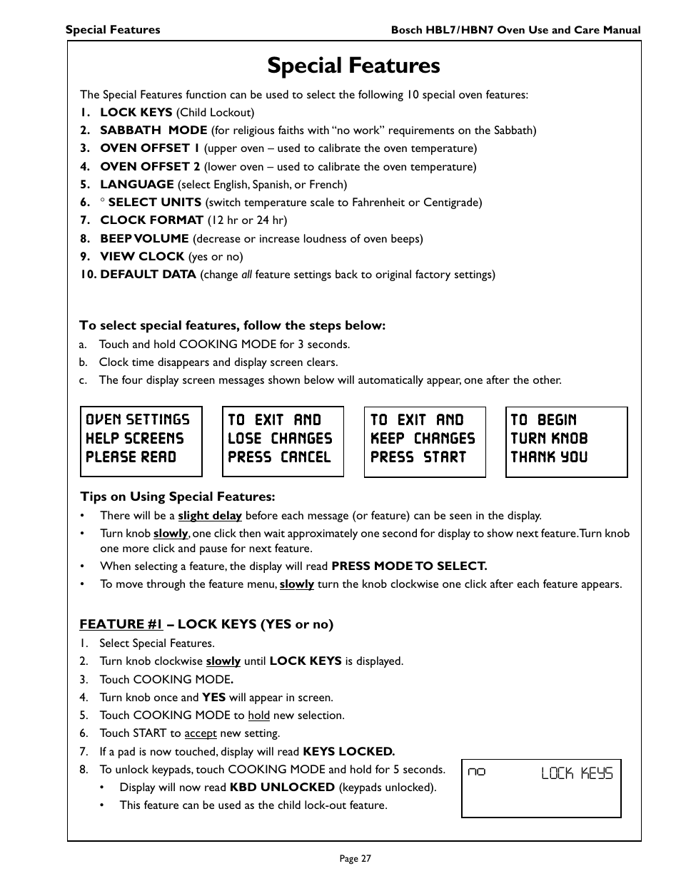 Special features, Lock keys | Bosch HBL 74 User Manual | Page 29 / 44