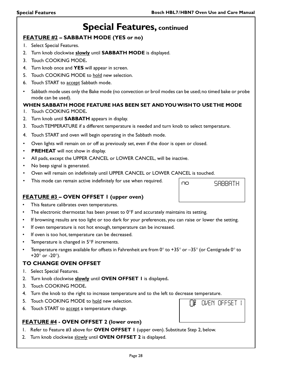 Special features, Sabbath, Oven offset i º | Bosch HBL 74 User Manual | Page 30 / 44