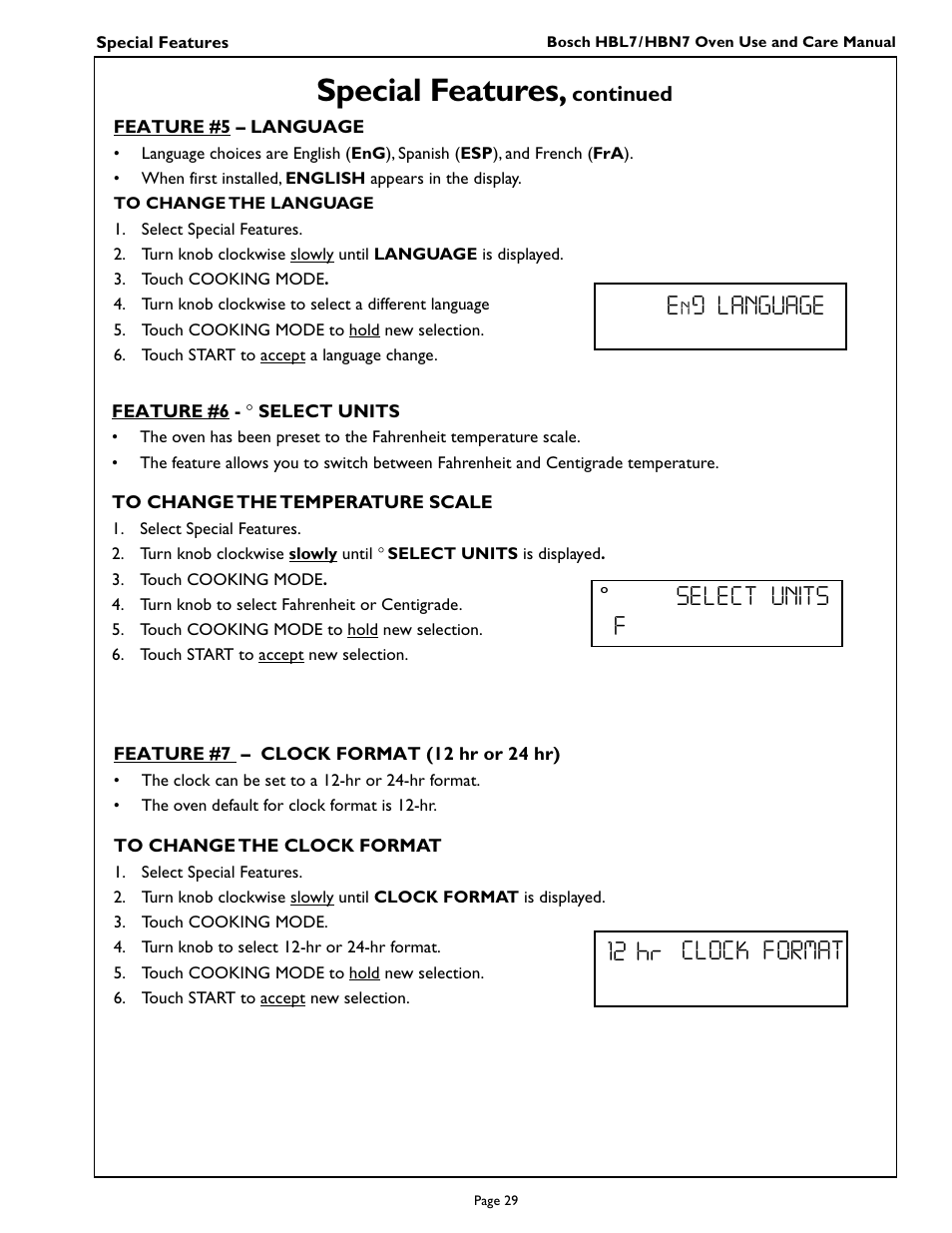 Special features, Select units f, Clock format 12 hr e | Language g | Bosch HBL 74 User Manual | Page 31 / 44