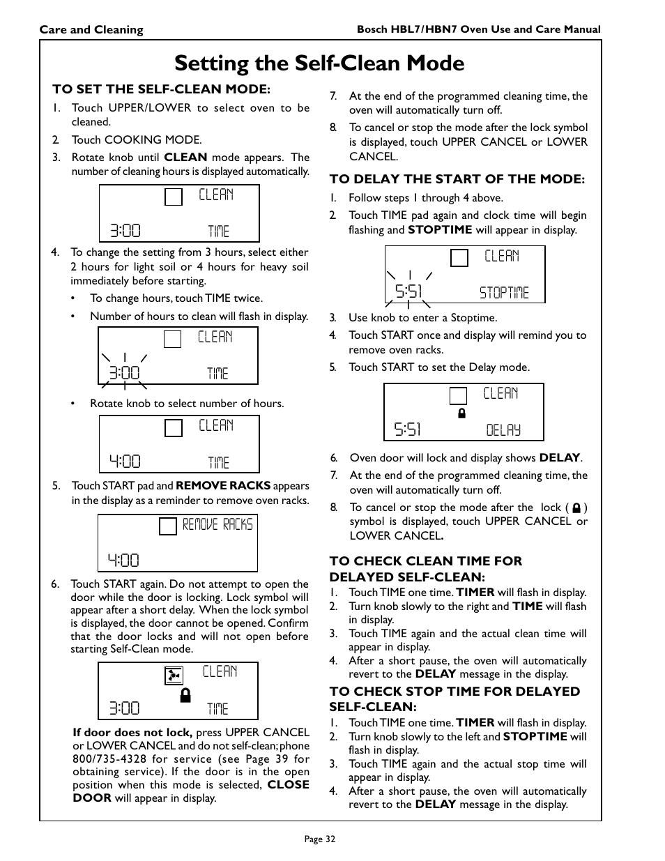 Setting the self-clean mode, Time clean, Remove racks | Stoptime clean, Delay clean | Bosch HBL 74 User Manual | Page 34 / 44