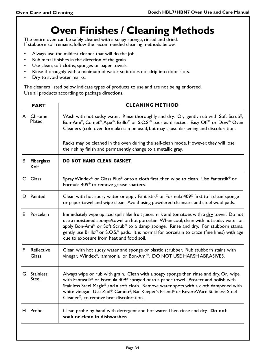 Oven finishes / cleaning methods | Bosch HBL 74 User Manual | Page 36 / 44