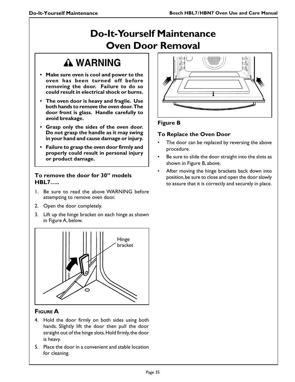 Do-it-yourself maintenance oven door removal, Warning | Bosch HBL 74 User Manual | Page 37 / 44