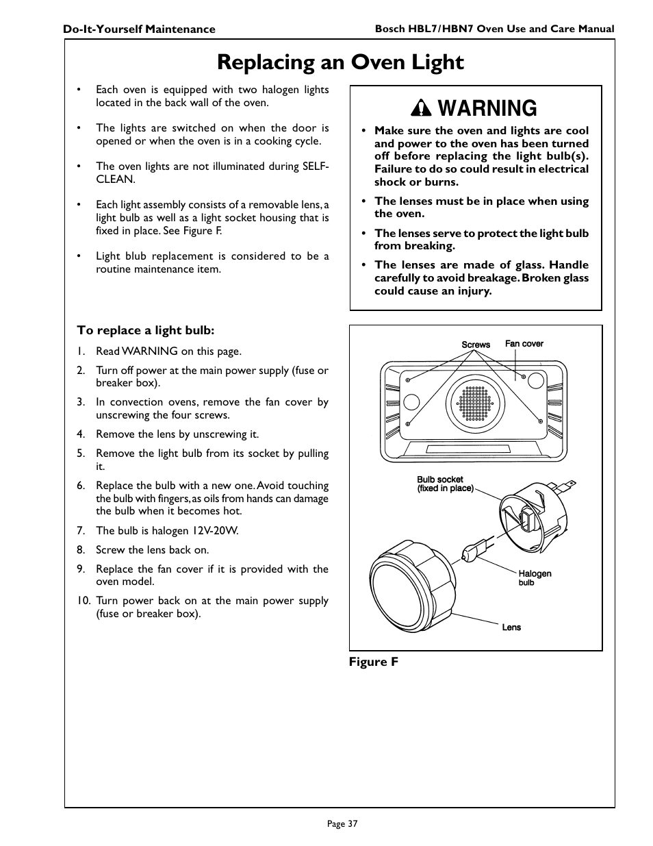 Replacing an oven light, Warning | Bosch HBL 74 User Manual | Page 39 / 44
