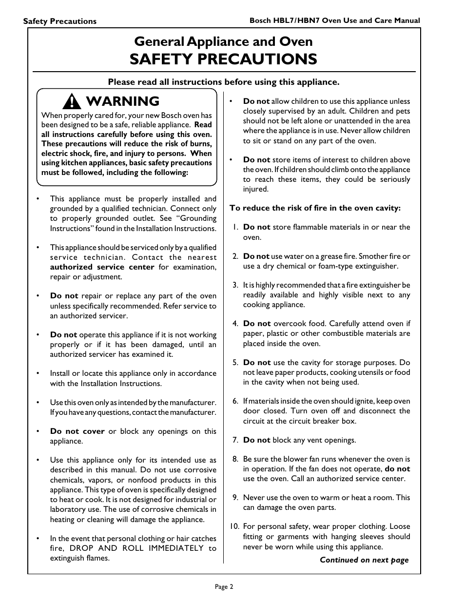 Safety precautions, General appliance and oven, Warning | Bosch HBL 74 User Manual | Page 4 / 44