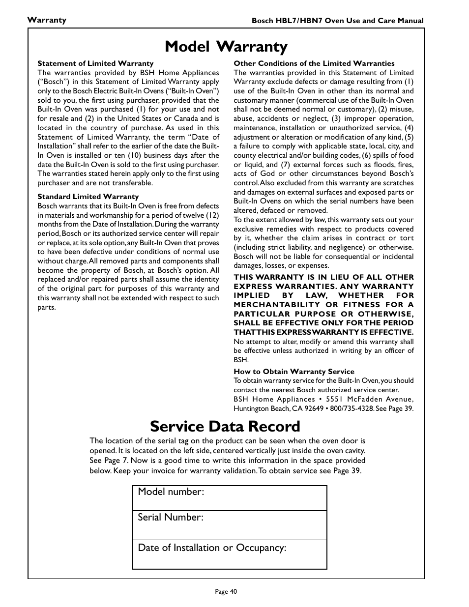 Model warranty, Service data record | Bosch HBL 74 User Manual | Page 42 / 44
