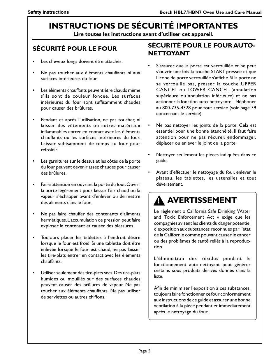 Instructions de sécurité importantes, Avertissement | Bosch HBL 74 User Manual | Page 7 / 44