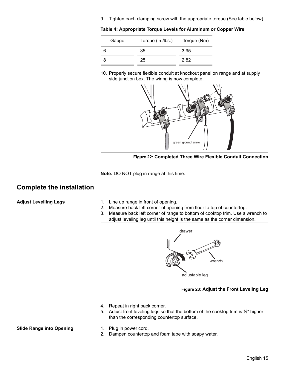 Complete the installation, Adjust levelling legs, Line up range in front of opening | Repeat in right back corner, Slide range into opening, Plug in power cord, Dampen countertop and foam tape with soapy water | Bosch BOSCH OVEN User Manual | Page 17 / 56