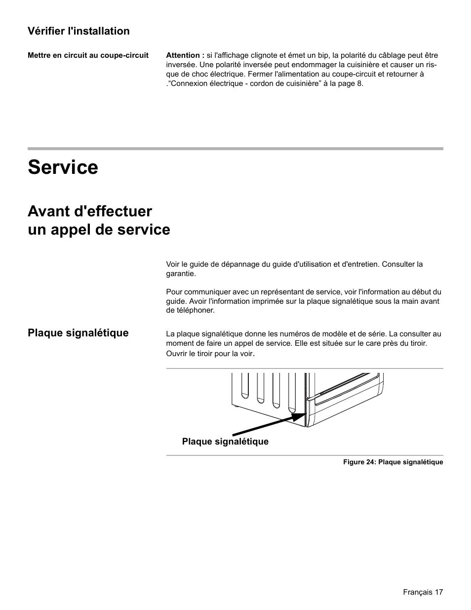 Vérifier l'installation, Mettre en circuit au coupe-circuit, Avant d'effectuer un appel de service | Plaque signalétique, Service | Bosch BOSCH OVEN User Manual | Page 37 / 56
