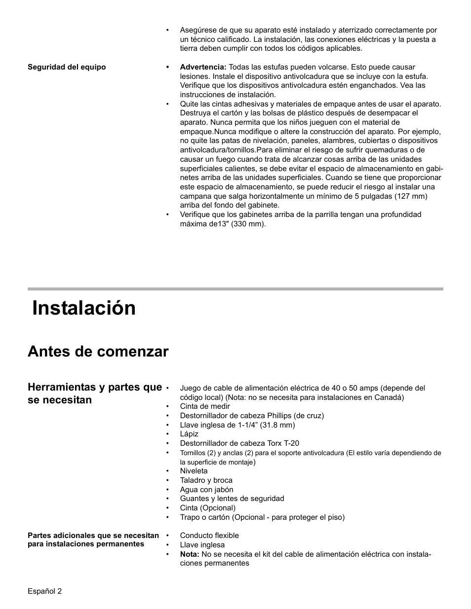 Seguridad del equipo, Antes de comenzar, Herramientas y partes que se necesitan | Instalación | Bosch BOSCH OVEN User Manual | Page 40 / 56