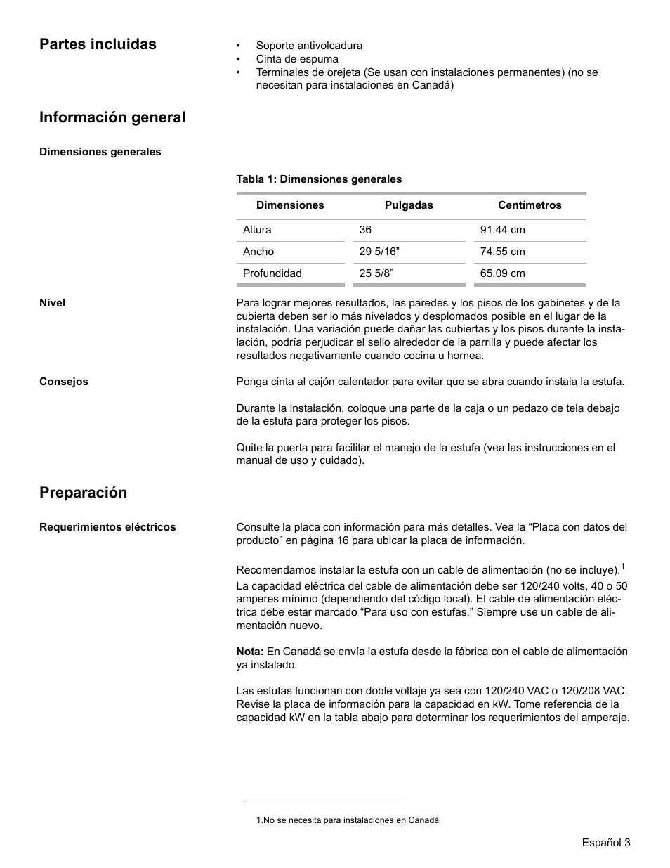 Partes incluidas, Información general, Dimensiones generales | Tabla 1: dimensiones generales, Nivel, Consejos, Preparación, Requerimientos eléctricos | Bosch BOSCH OVEN User Manual | Page 41 / 56