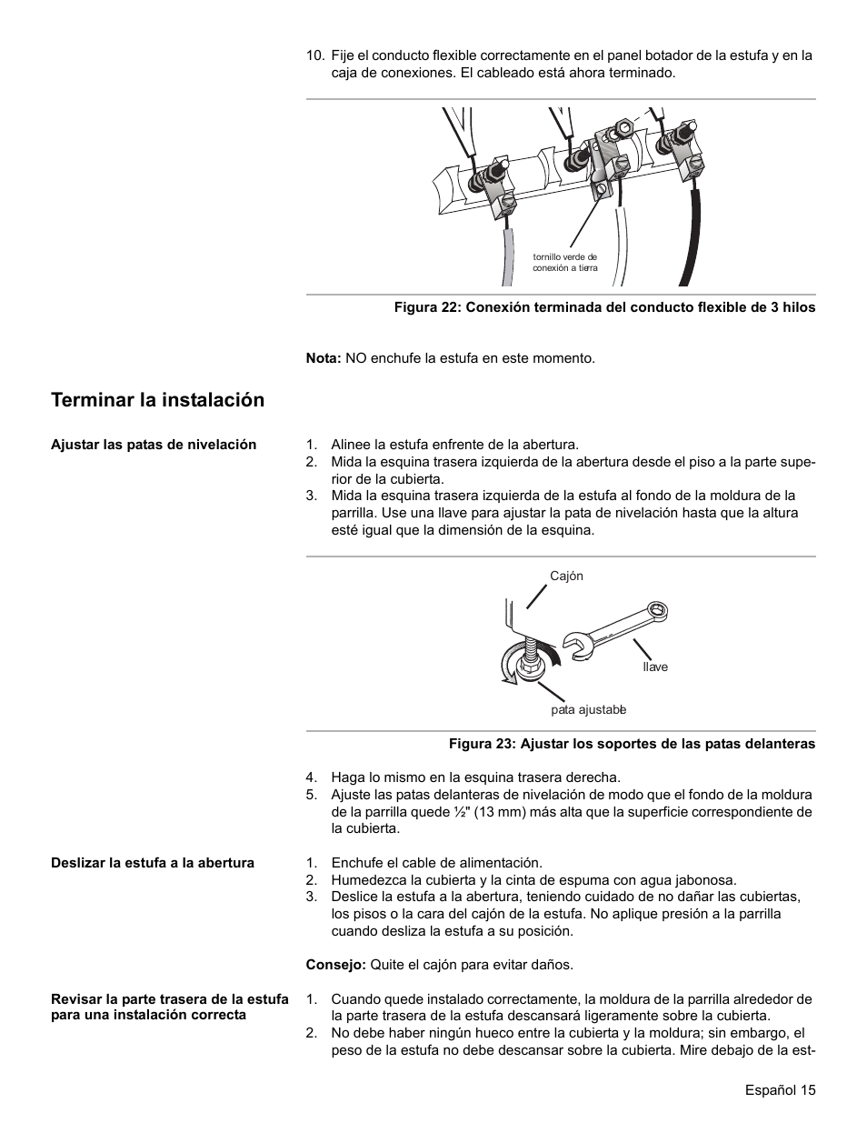 Terminar la instalación, Ajustar las patas de nivelación, Alinee la estufa enfrente de la abertura | Haga lo mismo en la esquina trasera derecha, Deslizar la estufa a la abertura, Enchufe el cable de alimentación | Bosch BOSCH OVEN User Manual | Page 53 / 56