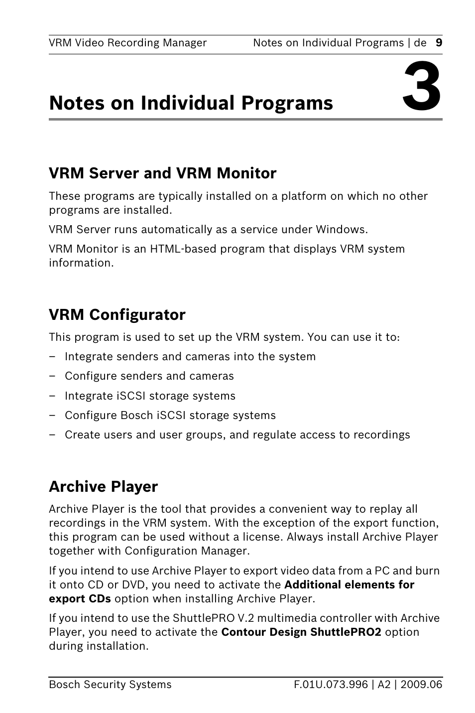Notes on individual programs 3, Vrm server and vrm monitor, Vrm configurator | Archive player, Kapitel 3, S in chapter 3 (n, Otes, Ndividual, Rograms | Bosch 2 User Manual | Page 11 / 16