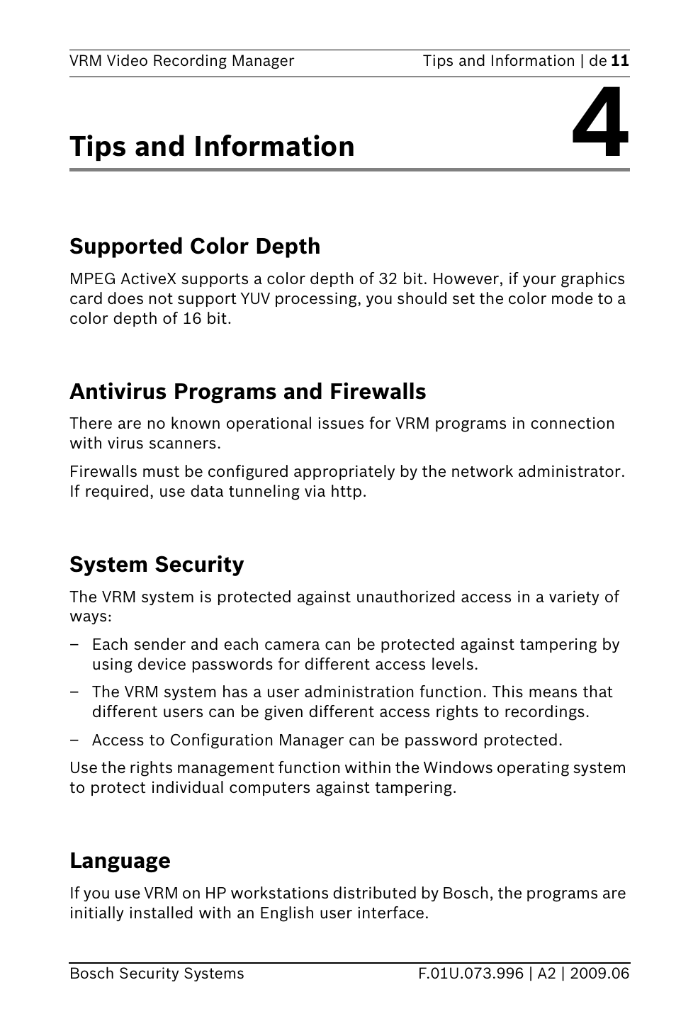Tips and information 4, Supported color depth, Antivirus programs and firewalls | System security, Language, Kapitel 4, Tips and information | Bosch 2 User Manual | Page 13 / 16