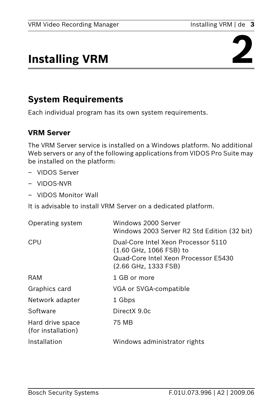 Installing vrm 2, System requirements, Vrm server | Kapitel 2, Installing vrm system requirements, Installing vrm | Bosch 2 User Manual | Page 5 / 16