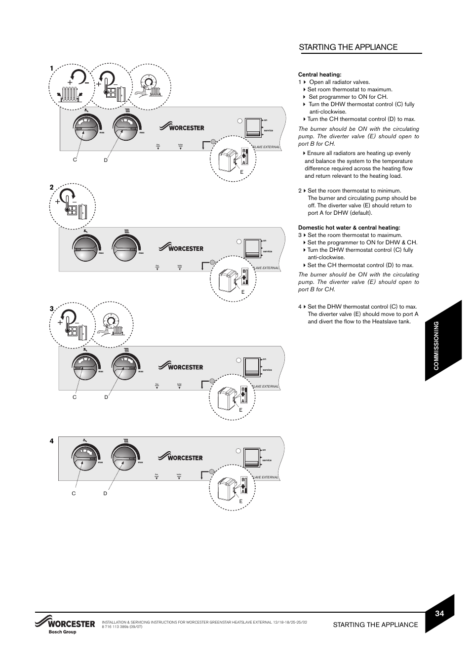Starting the appliance, Co mmi s s io n in g | Bosch 25/32kW User Manual | Page 35 / 52