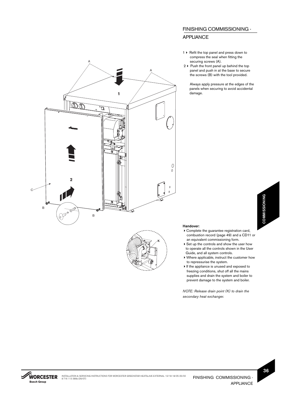 Finishing commissioning - appliance | Bosch 25/32kW User Manual | Page 37 / 52