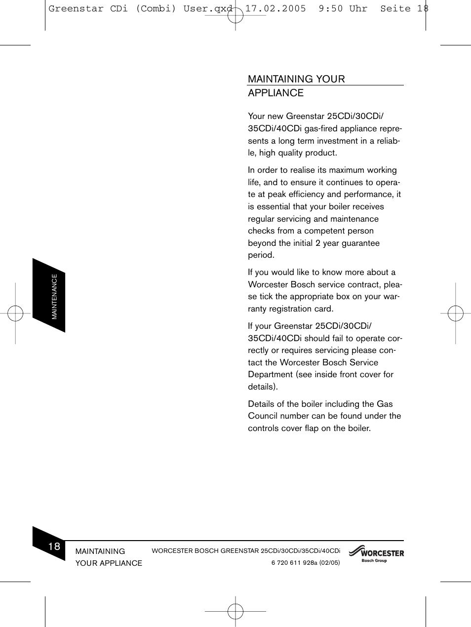 Maintaining your appliance | Bosch GREENSTAR CDI C13 User Manual | Page 18 / 24