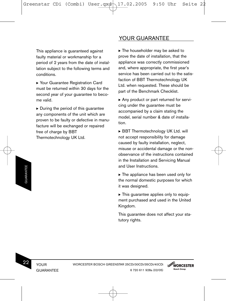 Your guarantee | Bosch GREENSTAR CDI C13 User Manual | Page 22 / 24